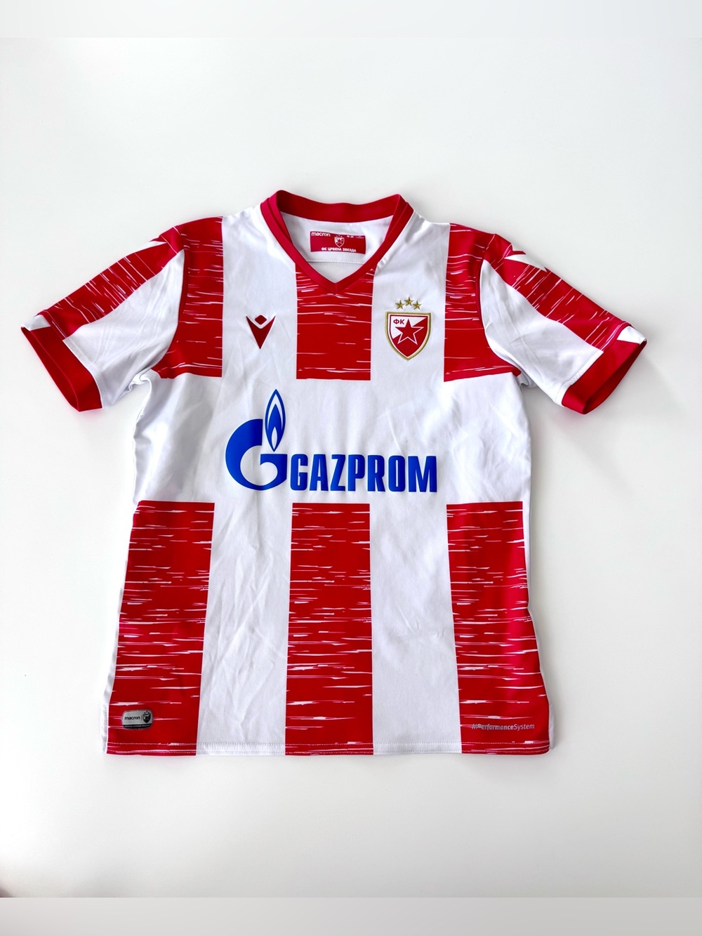 Macron Red & White Striped Kids Soccer Jersey Size XXS M Jr Red Star Gazprom